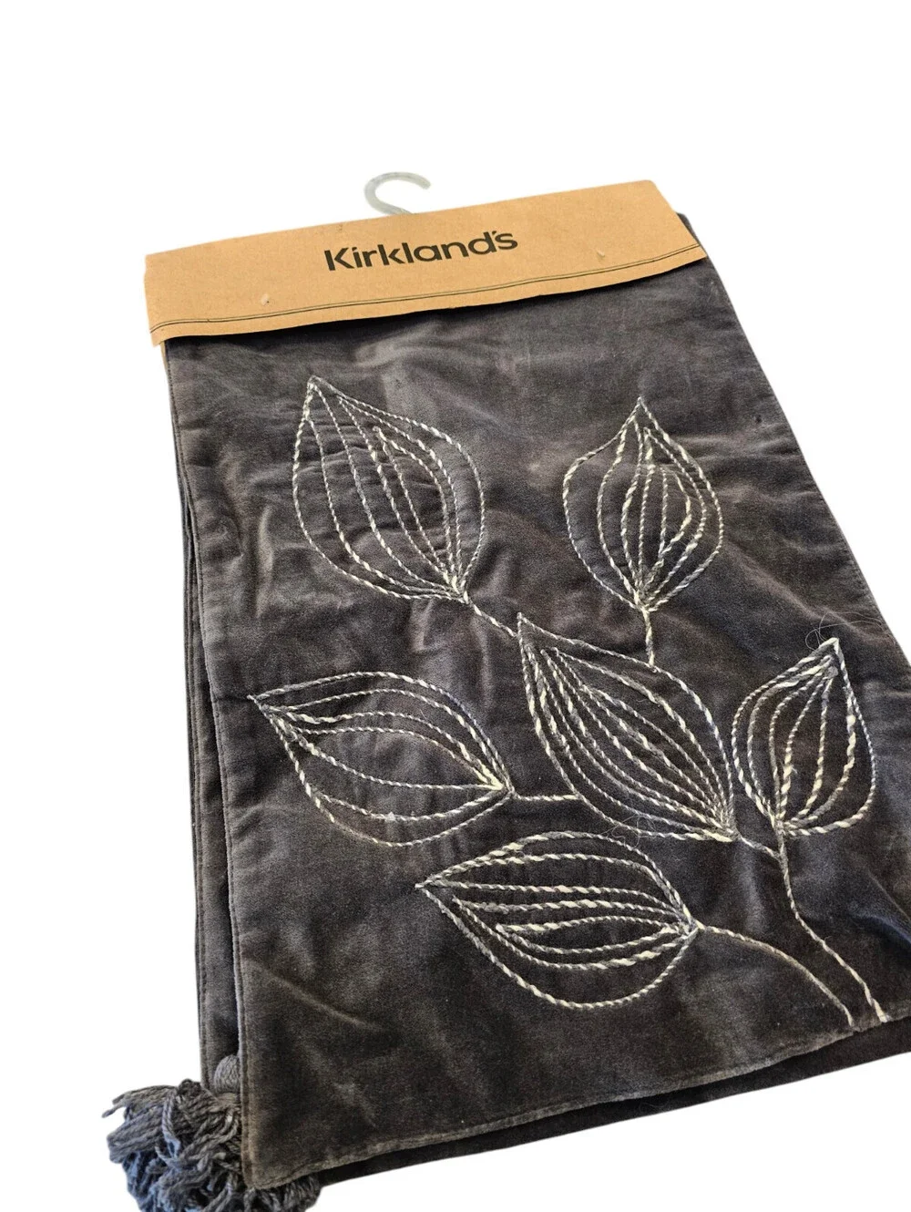 Kirkland's TABLE RUNNER Velvet Embroidery Leaf Print Silver 14